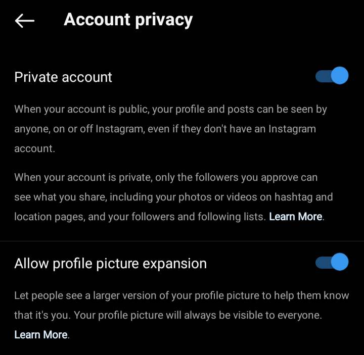 لقطة شاشة من GoRead.io لإعدادات الخصوصية في إنستغرام.