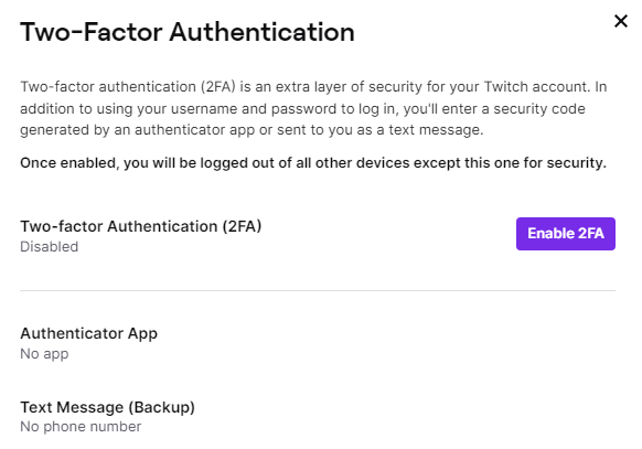 لقطة شاشة من GoRead.io من عملية إعداد المصادقة الثنائية في Twitch.