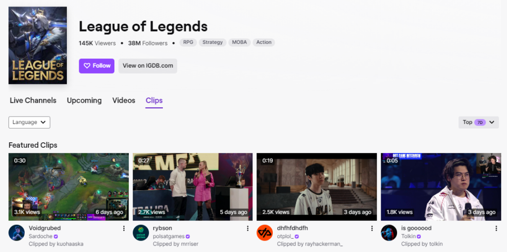 لقطة شاشة من GoRead.io لمقاطع Twitch المميزة لـ League of Legends.
