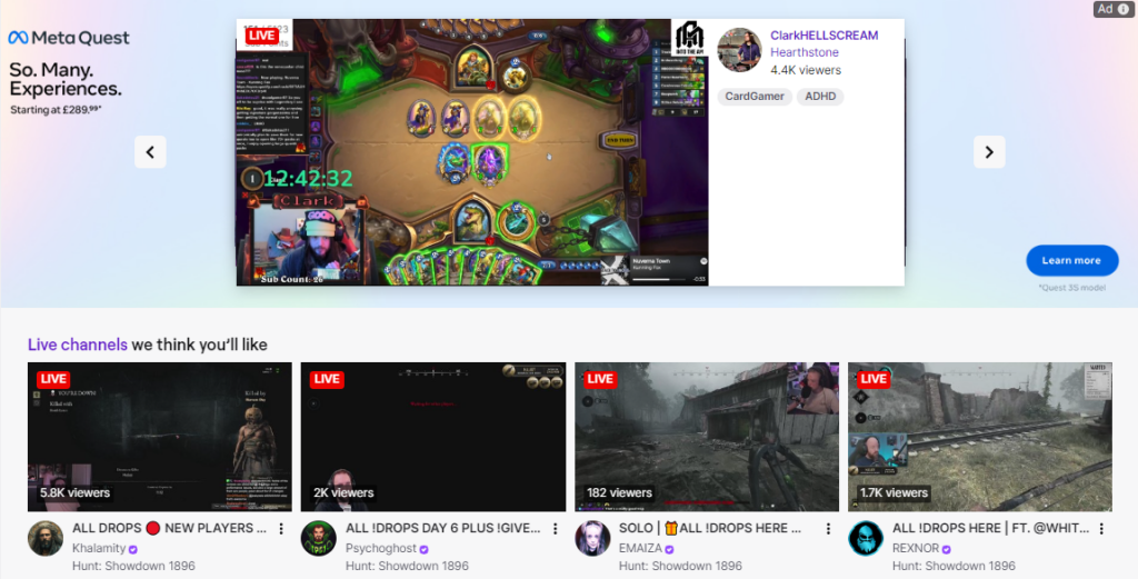 لقطة شاشة من GoRead.io لصفحة Twitch الأولى.