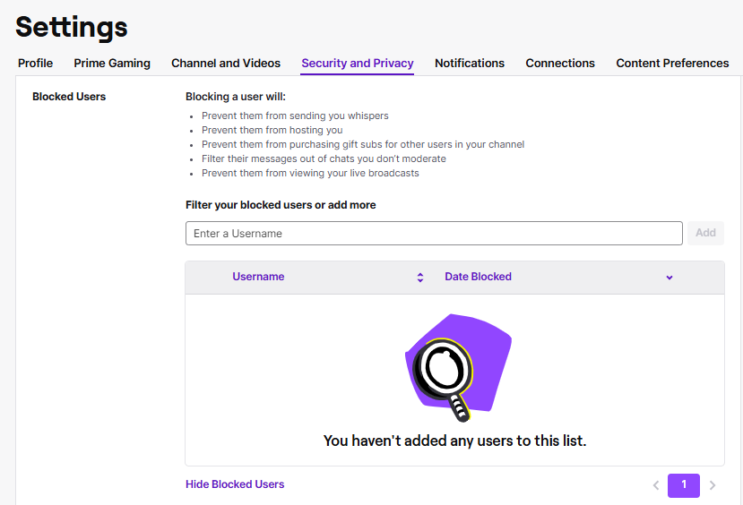 لقطة شاشة من GoRead.io لقائمة حظر فارغة لحساب على Twitch.