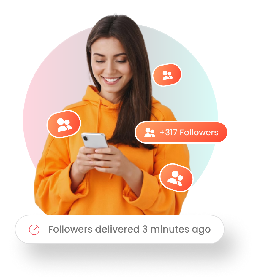 GoreAd graphic of a woman using her phone with circular metrics showing 85% Instagram account growth and 75% sales growth