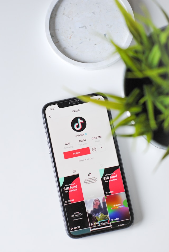 Ein Telefon auf einem Tisch, das die TikTok-Profilseite anzeigt.