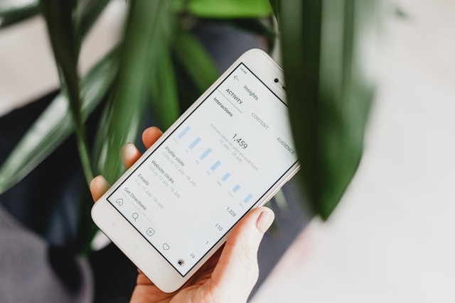 Eine Person hält ein Smartphone, auf dessen Bildschirm Instagram Insights angezeigt wird.