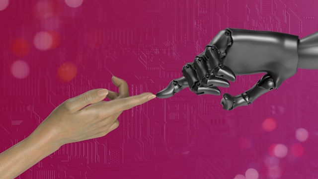 Der Zeigefinger einer menschlichen Hand und eine Roboterhand berühren sich vor einem rosafarbenen Bildschirmhintergrund.