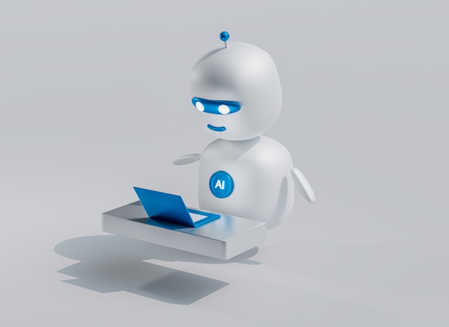 Ein weißer Roboter schwebt vor einem blauen Laptop.