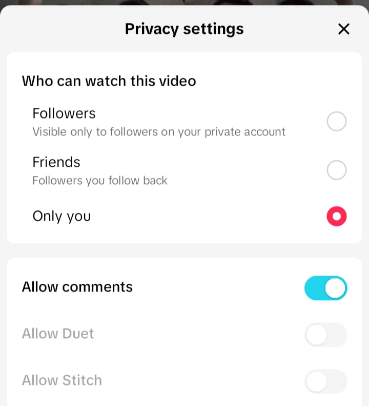 Ein GoRead.io-Screenshot der Privatsphäre-Einstellungen eines TikTok-Videos.