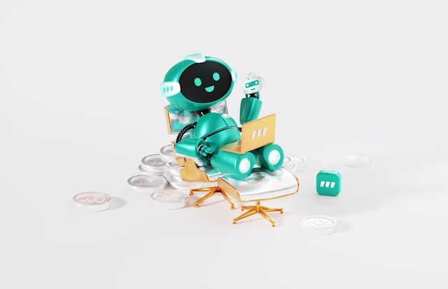 Ein grüner Roboter, der auf einem Lehnstuhl sitzt und einen Laptop benutzt.