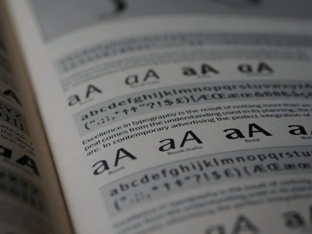 Primer plano de diferentes letras del alfabeto en diversos tipos de letra.