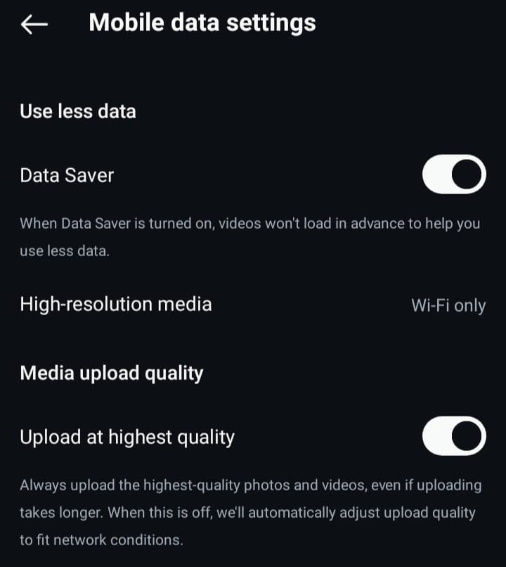 Captura de pantalla de GoRead.io de la configuración de datos móviles de Instagram.