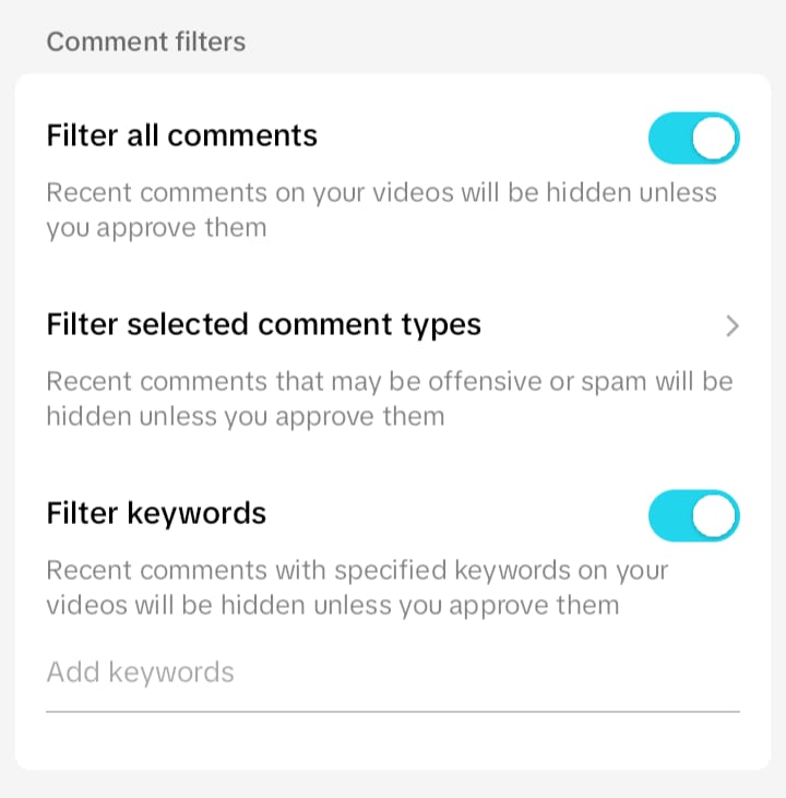 Capture d'écran de GoRead.io montrant les paramètres des commentaires de TikTok.