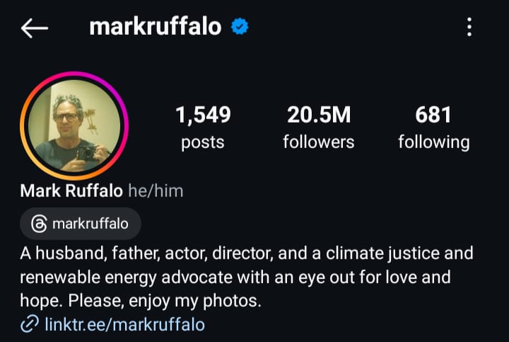 Une capture d'écran GoRead.io de la bio Instagram de l'acteur Mark Ruffalo, qui comporte un Linktree.