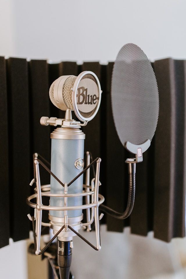 Microphone argenté et rose doré sur pied.