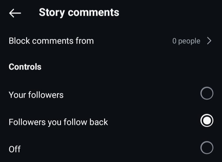 Une capture d'écran de GoRead.io des options de commentaires de la story d'Instagram.