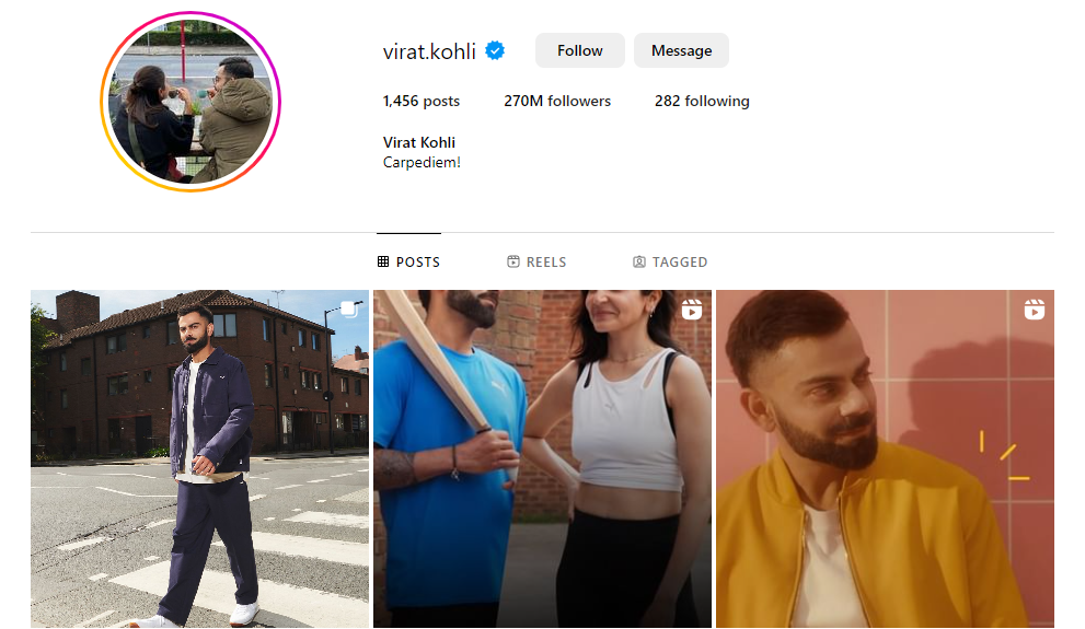 Capture d'écran GoRead.io du profil Instagram de Virat Kohli.