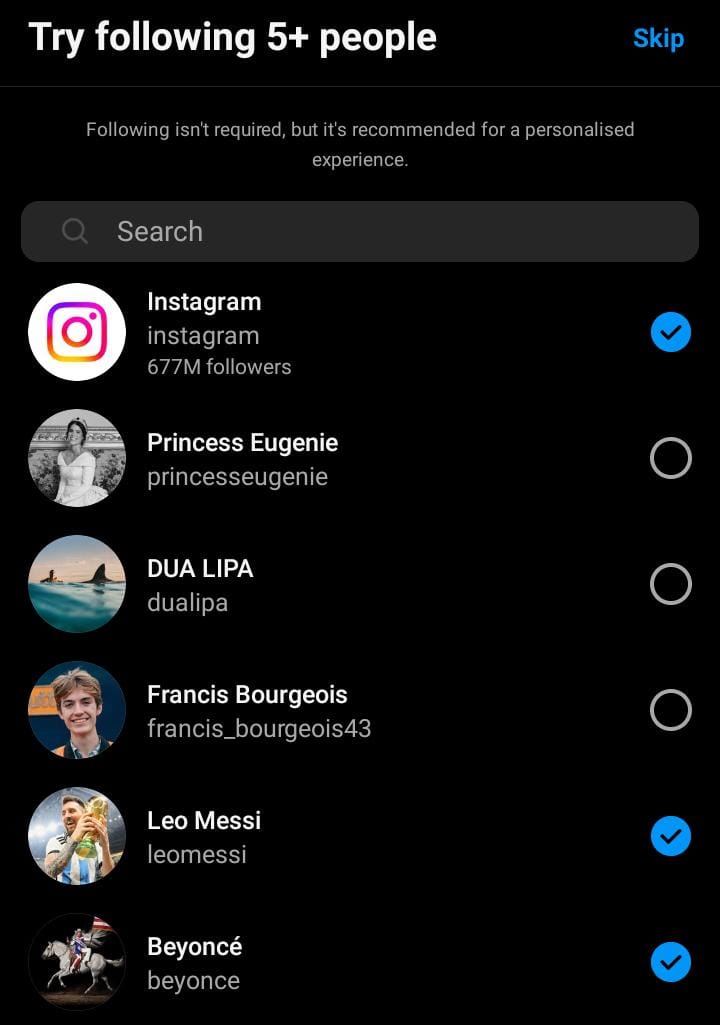 Une capture d'écran de GoRead.io des recommandations de suivi d'Instagram pour les nouveaux comptes.