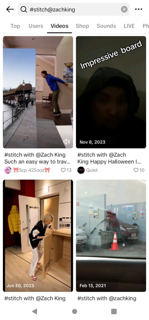 Capture d'écran de GoRead.io d'une recherche TikTok montrant les vidéos de Stitches for Zach King.