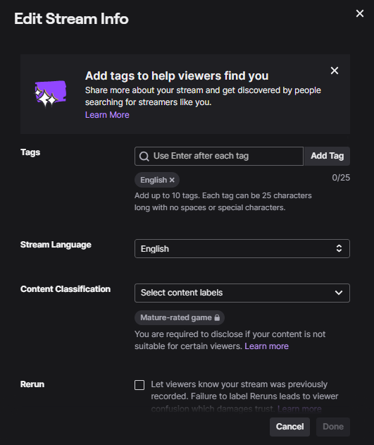 Capture d'écran de GoRead.io des paramètres d'édition de flux de Twitch.