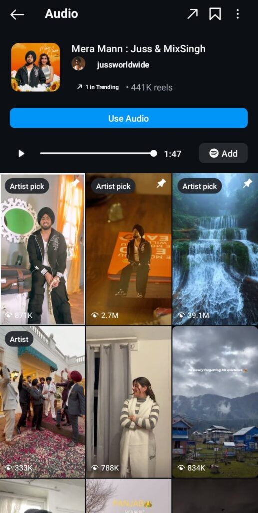 Capture d'écran de GoRead.io d'une chanson en vogue sur Instagram.