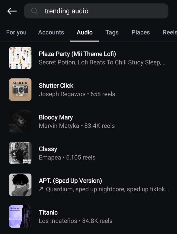 Capture d'écran de GoRead.io d'une recherche "trending audio" sur Instagram.