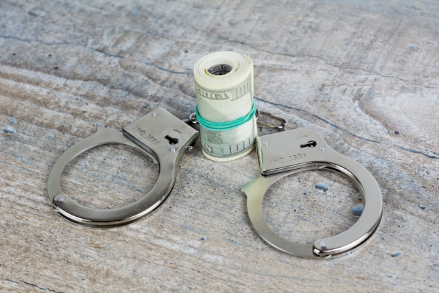 Un rouleau de billets de banque attaché avec un élastique à côté d'une paire de menottes.
