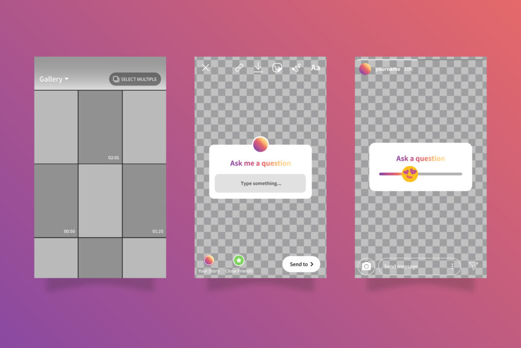 Tre schermate di Instagram che mostrano l'interfaccia utente per il caricamento delle foto, la funzione Q&A nelle storie e la scala di valutazione di una storia con un'emoji a forma di cuore.