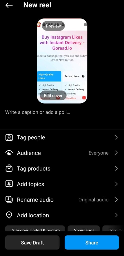 Ultima interfaccia di editing, dove è possibile aggiungere didascalie, taggare i prodotti e aggiungere la propria posizione. Fonte: Applicazione Instagram, Adly.com