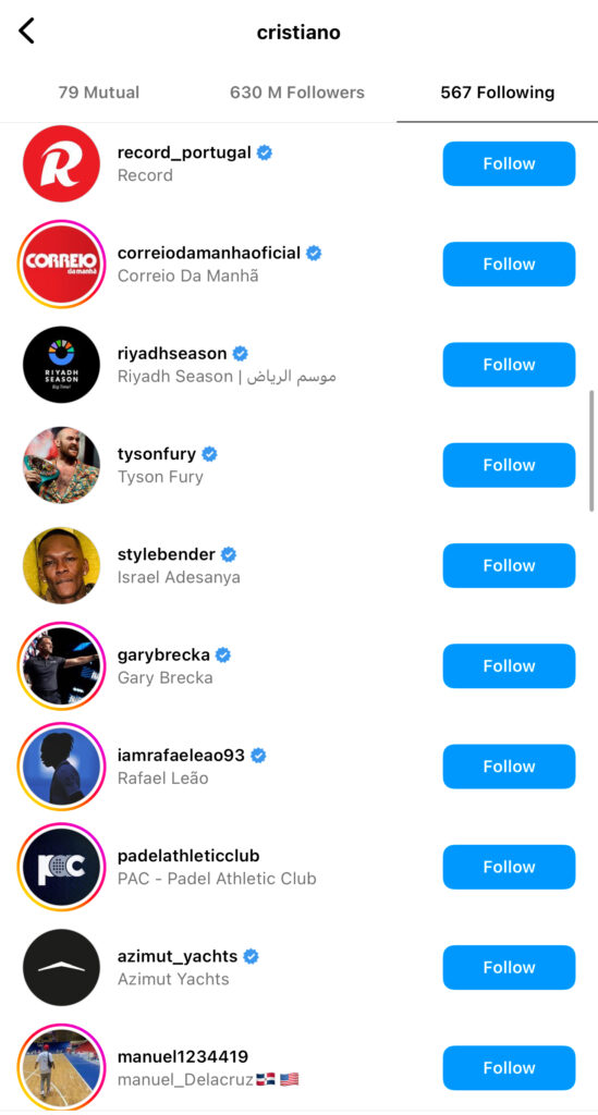 Schermata di GoRead.io della lista di Cristiano Ronaldo che segue.