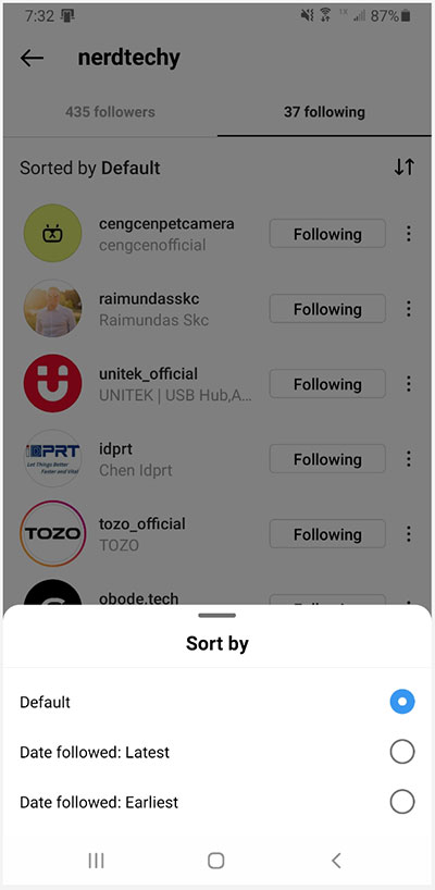 Un elenco di follower su Instagram con l'opzione "Ordina per".