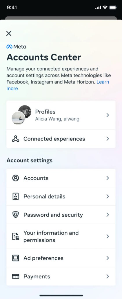 Un centro e opzioni per gli account Instagram.