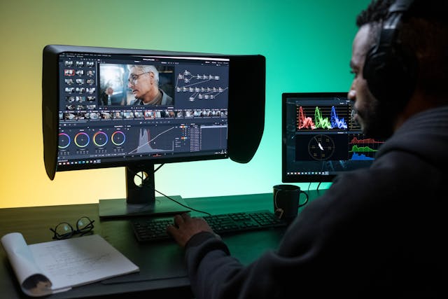 Una persona che monta un video sul proprio computer desktop.