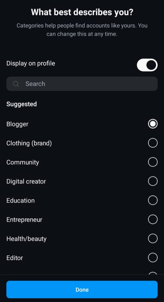 Una schermata di GoRead.io delle categorie dei profili aziendali di Instagram.