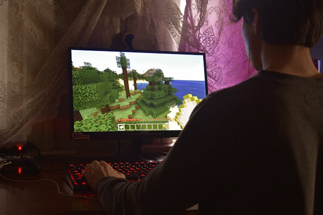 Una persona che gioca a Minecraft sul proprio computer.