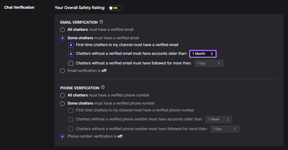 Una schermata di GoRead.io delle impostazioni di verifica della chat di Twitch.