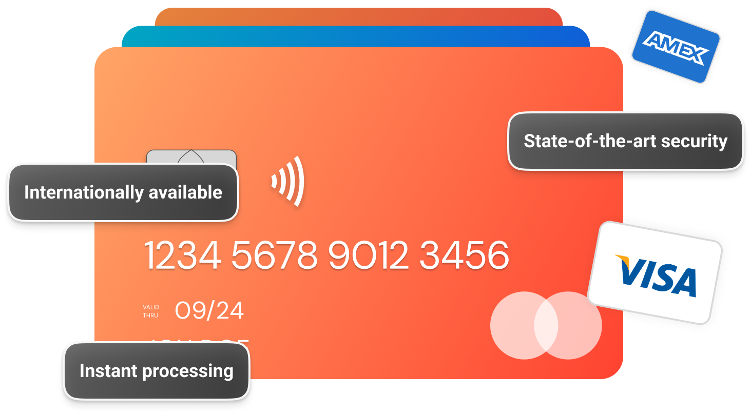 Representação gráfica da GoreAd de um cartão de crédito com logótipos de pagamento para várias opções de pagamento e bolhas de texto com as vantagens.