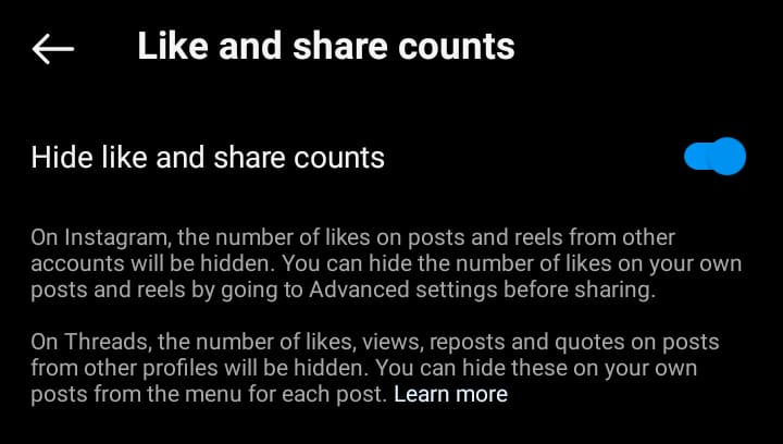 Uma captura de ecrã do GoRead.io que mostra a opção de ocultar os gostos no Instagram.