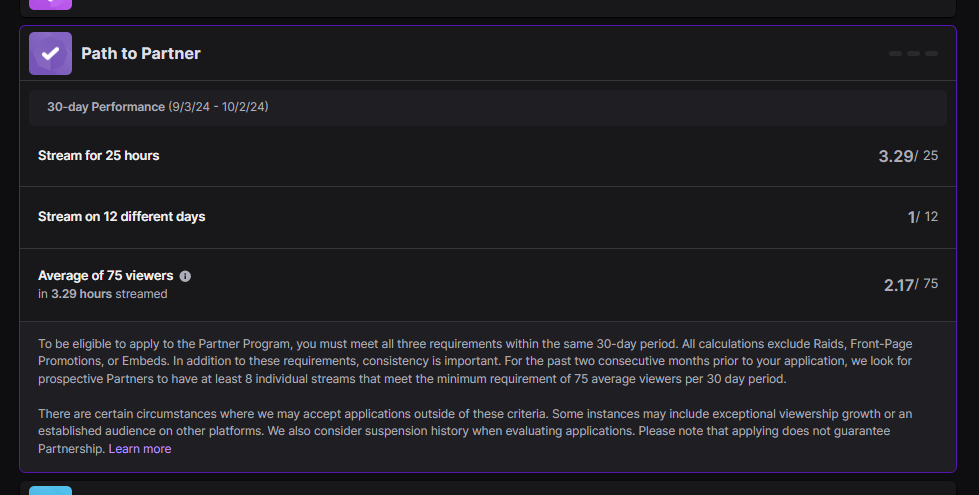 Uma captura de ecrã do GoRead.io do registador de progresso do Parceiro do Twitch.