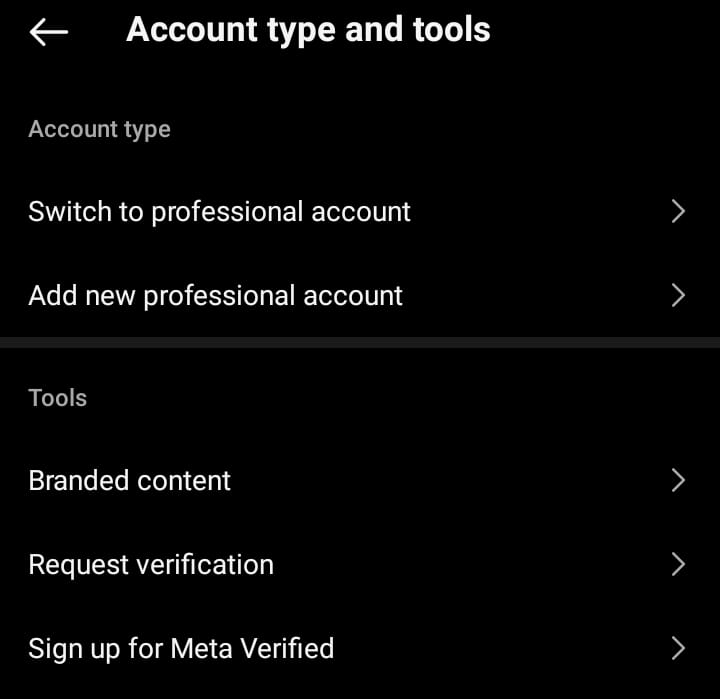 Uma captura de ecrã do GoRead.io das opções de conta profissional do Instagram.