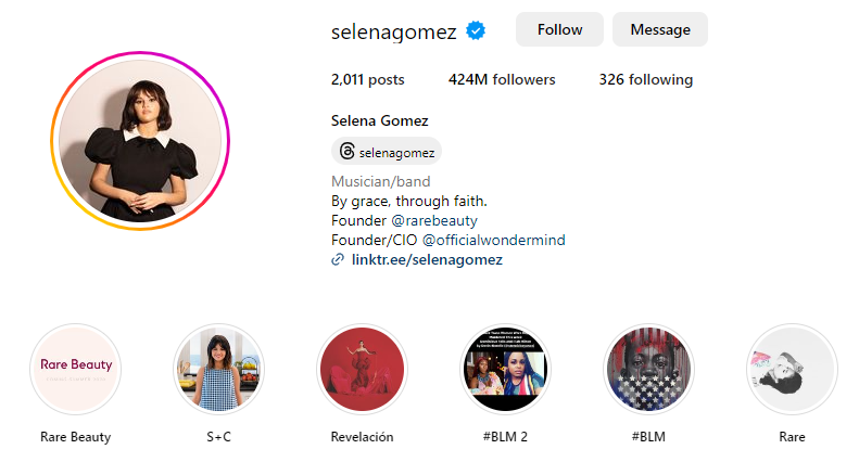 Uma captura de ecrã do GoRead.io do perfil de Selena Gomez no Instagram.