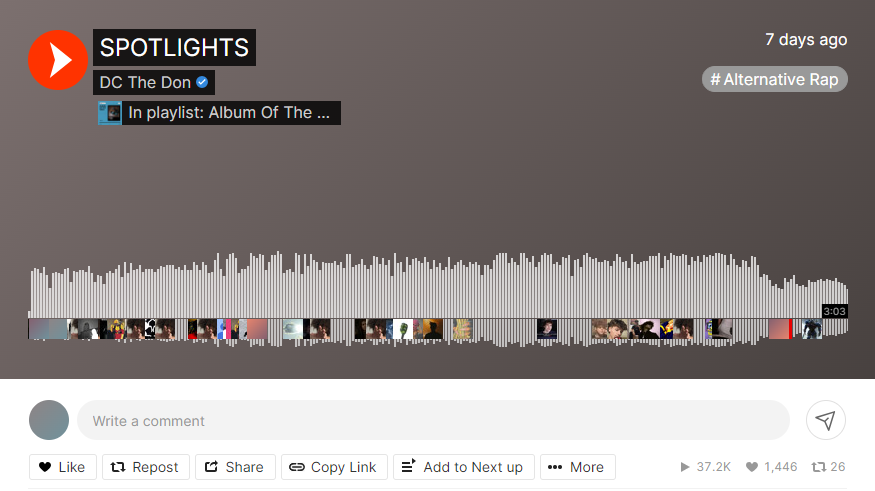 Uma captura de ecrã do GoRead.io das estatísticas publicamente visíveis de uma canção do SoundCloud.