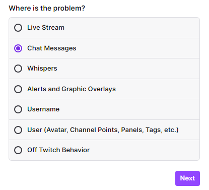 Uma captura de ecrã do GoRead.io da função de denúncia do Twitch.