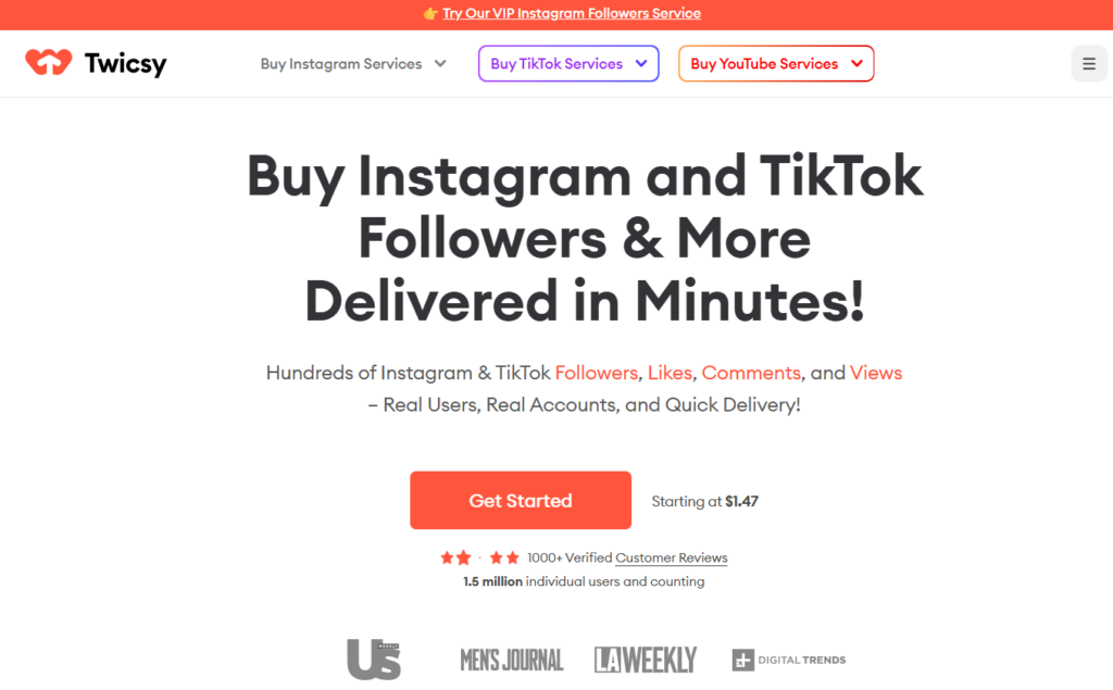 Screenshot of the Twicsy homepage showing main services.