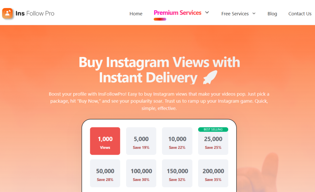 A screenshot of the InsFollowPro page showing the list of view packages.