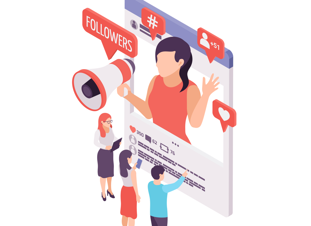 Illustration of people engaging with a social media influencer on a large screen, showing likes, followers, and comments icons.
