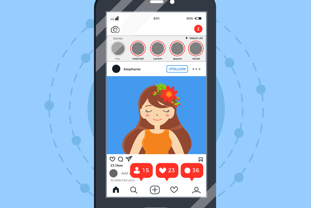 Illustration of a smartphone showing a social media post with likes, comments, and notifications on the screen.