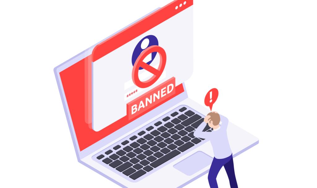 Illustration of a person reacting in shock to a laptop screen showing a banned account warning with a red alert icon.