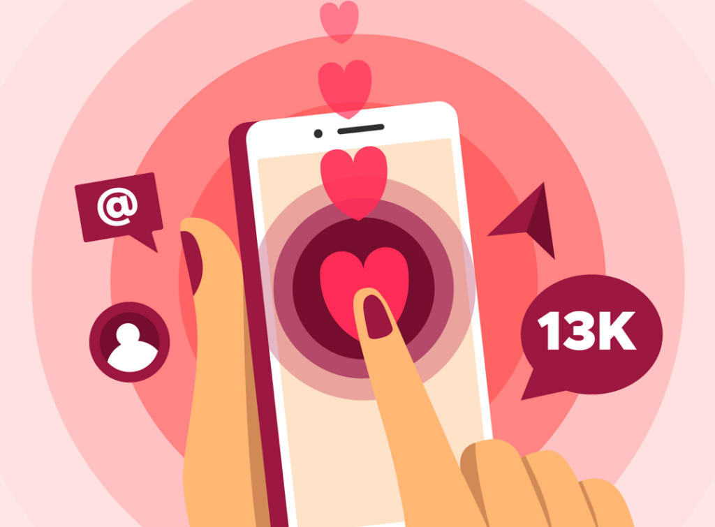 Illustration of a phone and fingers tapping the “like” button on social media