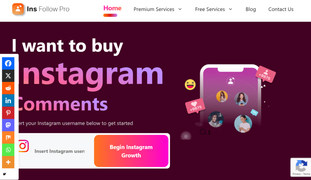 Screenshot of the InsFollowPro homepage showing main services.