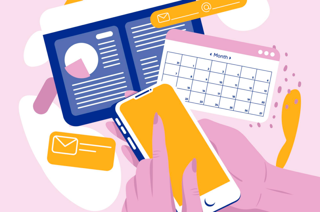 Illustration showing hands tapping on a phone screen with a calendar next to it.