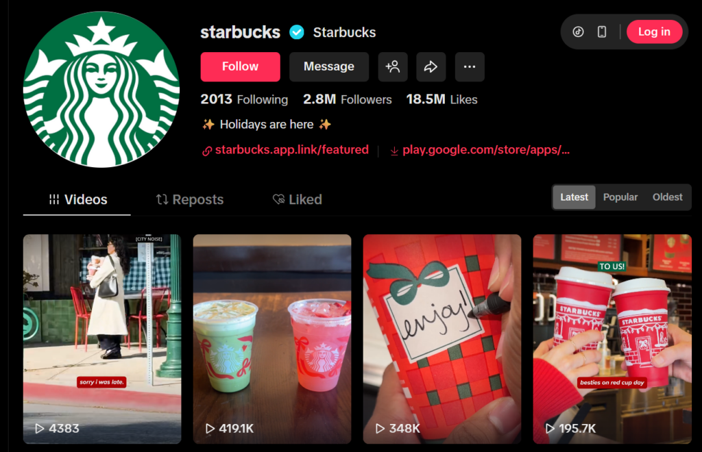 Screenshot of the Starbucks TikTok account page.